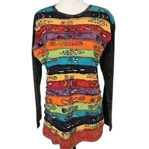 Karma Circle Patchwork Boho Hippie Handmade Artsy Long Sleeve Blouse Sz 2XL